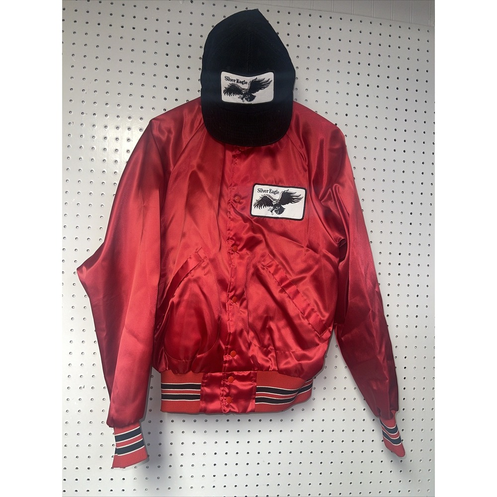 Pla-Jac By Dunbrooke Vintage Satin Jacket Red Silver Eagle Mens Medium With Hat